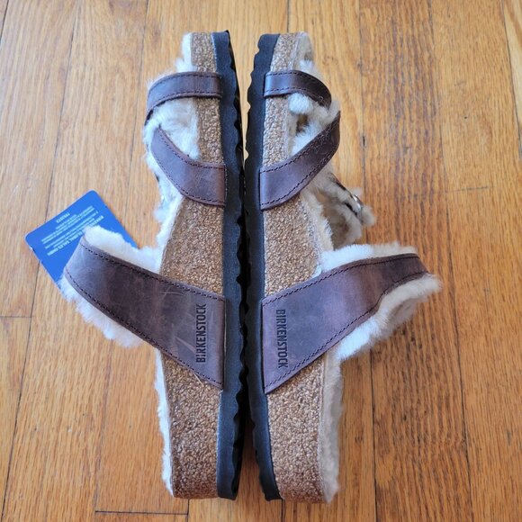 Birkenstock 39 MAYARI‎ SHEARLING Brown Leather Sandals 8 - Picture 7 of 12